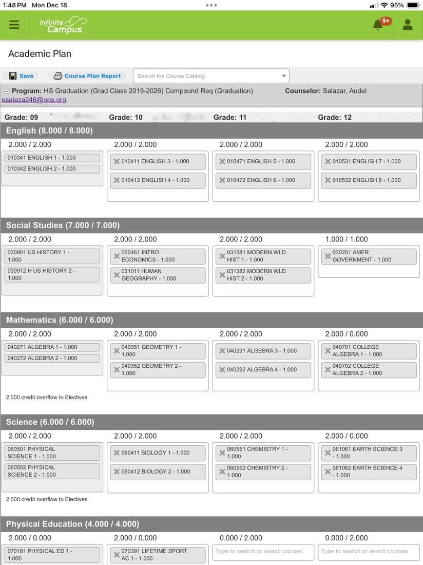 Screenshot of Infinite Campus Course Selection