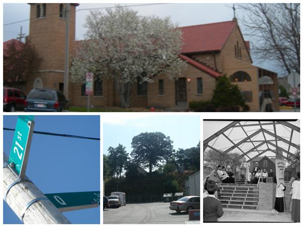 Collage of parish building, 21st and Q street sign, exterior views and building framework