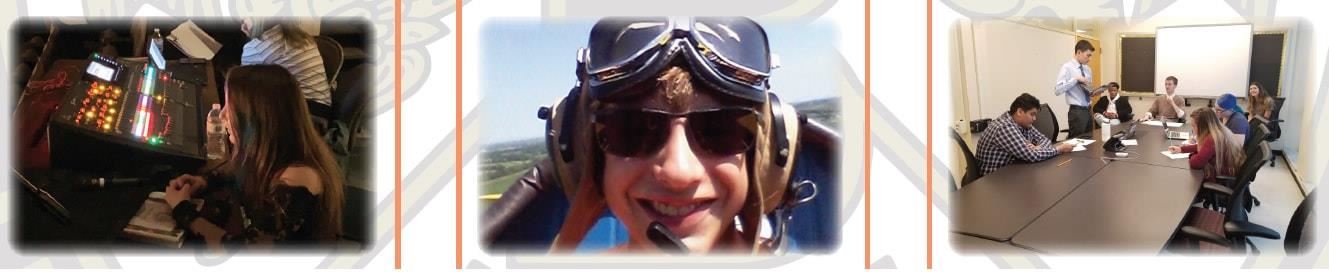 Collage of images of a girl writing, a boy in a flight helmet and a group at a meeting