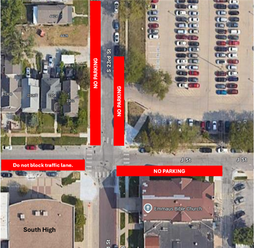 No Parking on J near the church, Do not block traffic lane on J N of School, No parking either side of 23rd N. of J to I